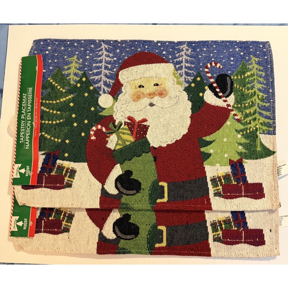 Vintage Christmas House Santa Tapestry Placemats Set of 2 NWT 13x19 Holiday